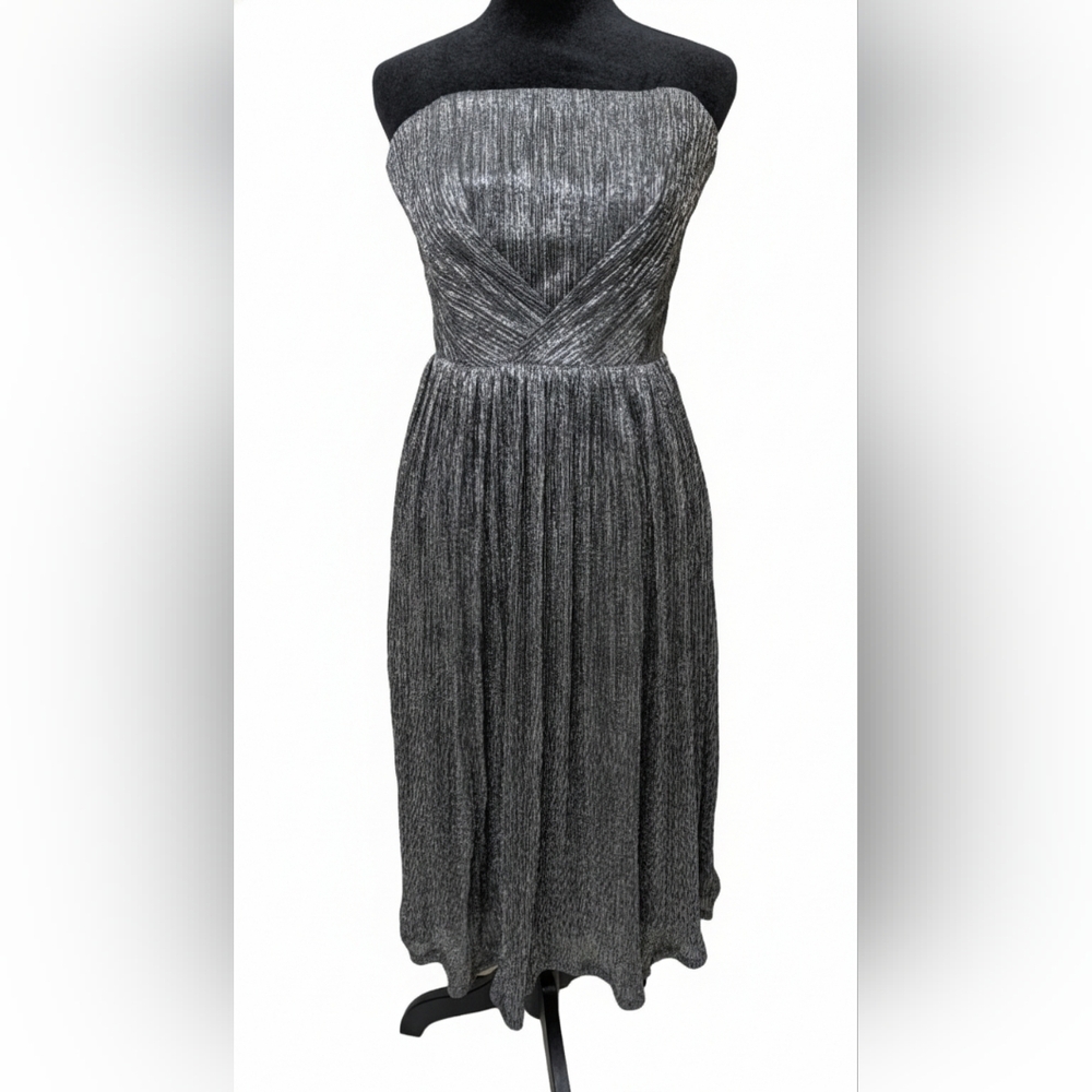 Dress the Population Silver Strapless Midi Dress Small Plissé Shimmer Prom